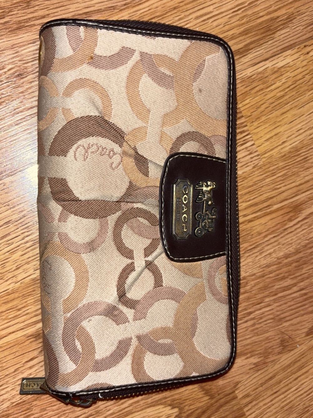 Coach Beige Tan Signature Canvas Zip Wallet with Brown Trim